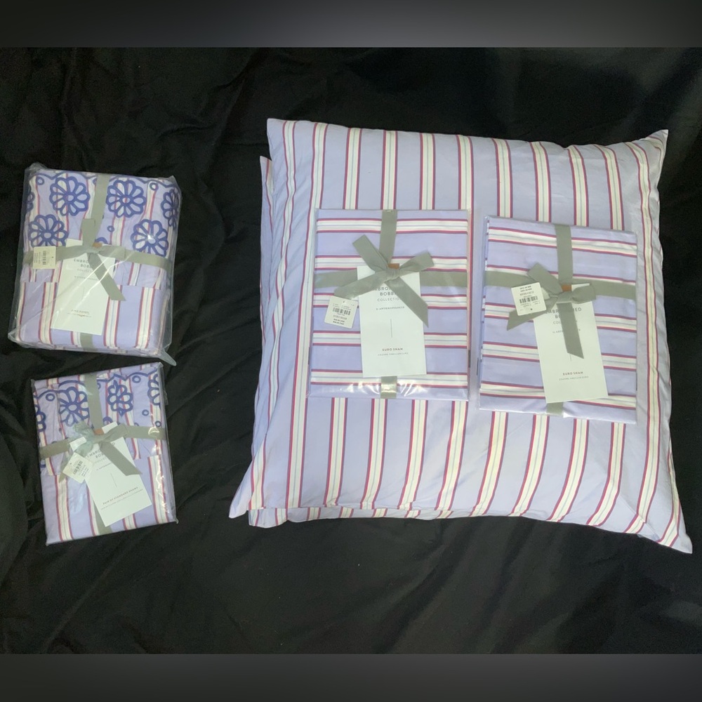 Anthropologie Purple and White Striped Duvet Cover Set w/ shams